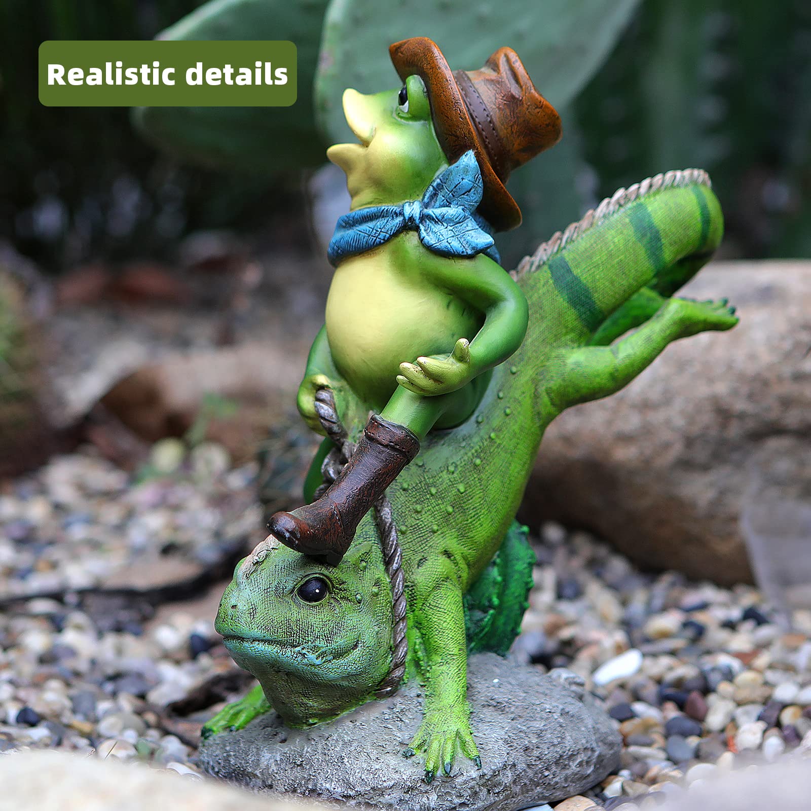 Frog Statues Garden Decor, Cowboy Frog Riding Green Lizard